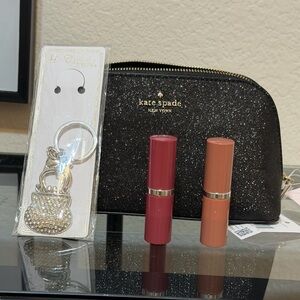 Kate Spade Black Glitter Pouch - 2 Clinique Lip Sticks - Bag Keychain NEW